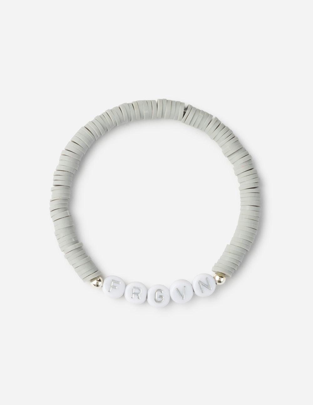 Elevated Faith Christian Jewelry Bracelet with white letter beads spelling FRGVN on a grey beaded band