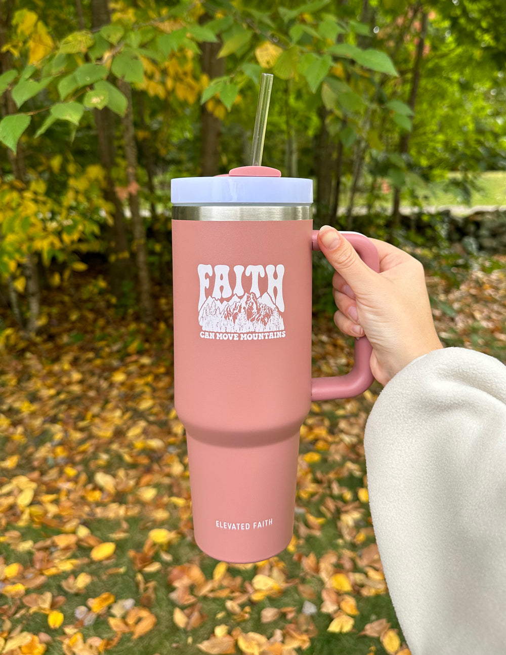Elevated Faith Pink Tumbler with Faith Design, a perfect choice for Christian gifts