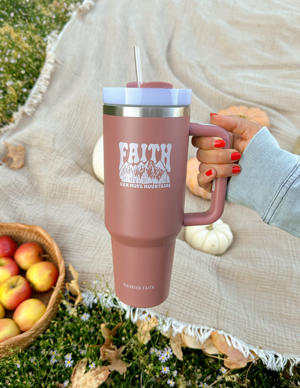 Elevated Faith Faith Tumbler in Rose with Handle and Straw, perfect for Christian Gifts