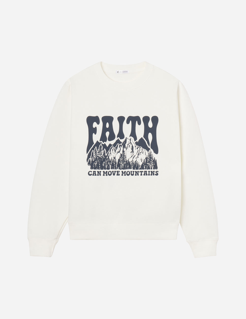 Elevated Faith Christian Crewneck Sweatshirt with 'Faith Can Move Mountains' design on a cream background
