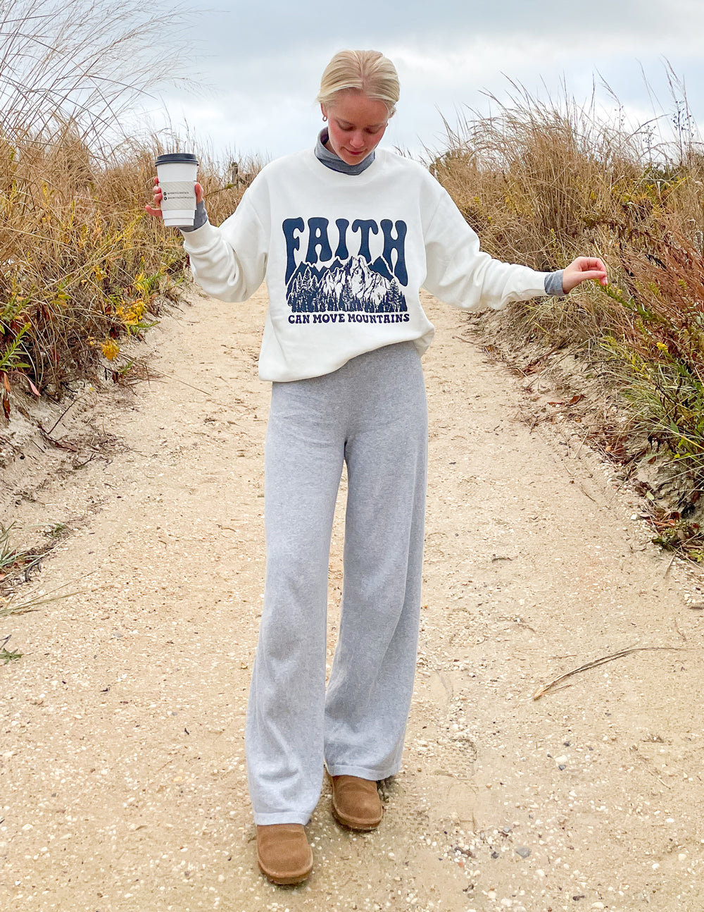 Elevated Faith Christian Crewneck Sweatshirt in white with mountain graphic, perfect for casual comfort