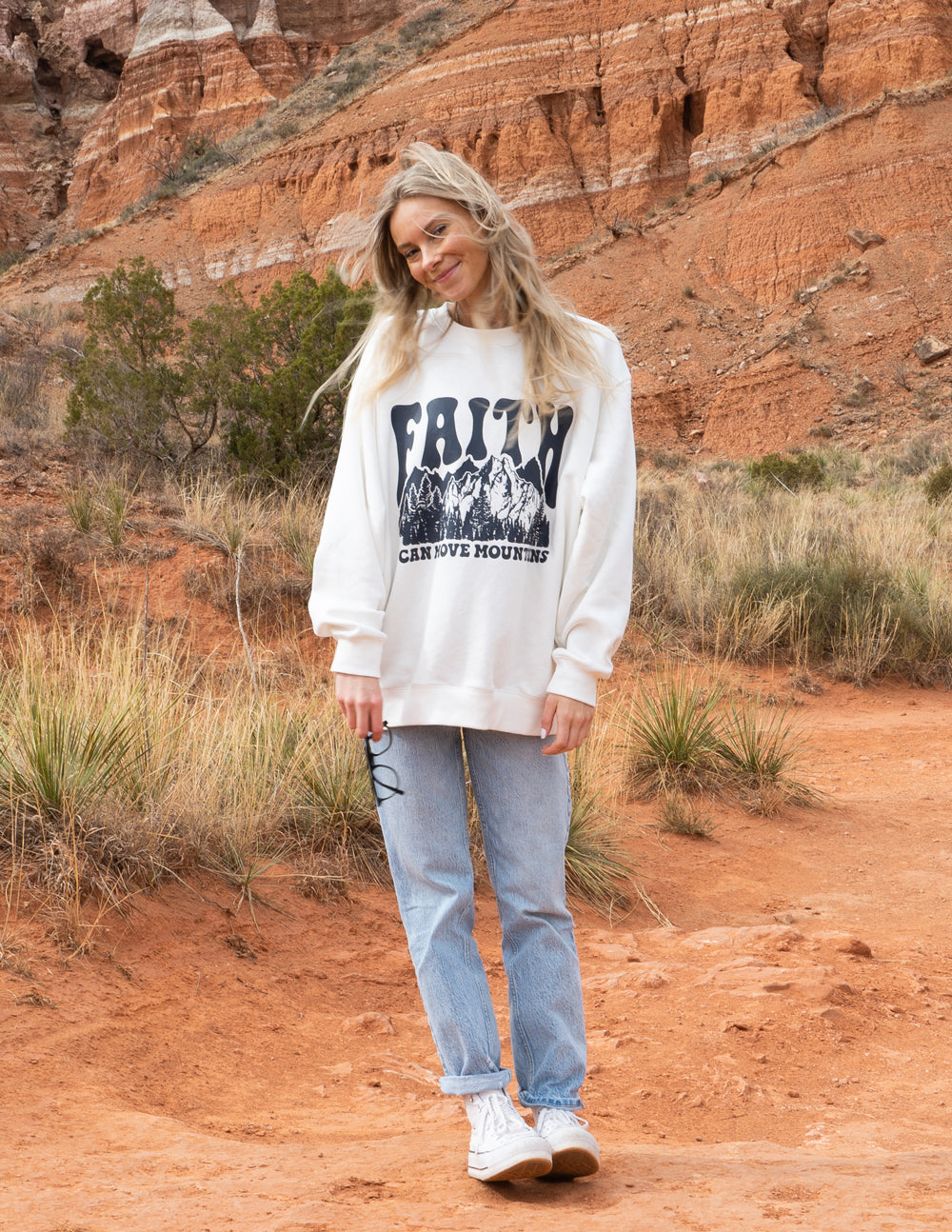 Elevated Faith Christian Crewneck Sweatshirt in white with mountain design, perfect for casual outings