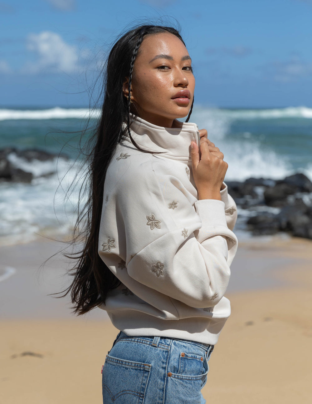 Elevated Faith Christian Jacket in Cream with Floral Embroidery Perfect for Casual Wear