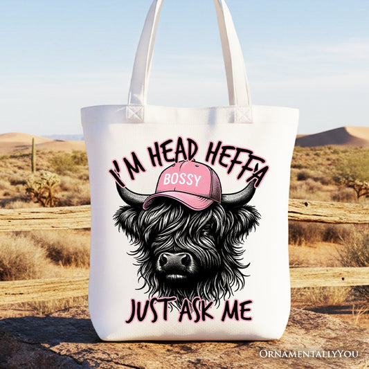 Bossy Highland Cow Canvas Tote Bag, Head Heifer Funny Western Gift Shopper
