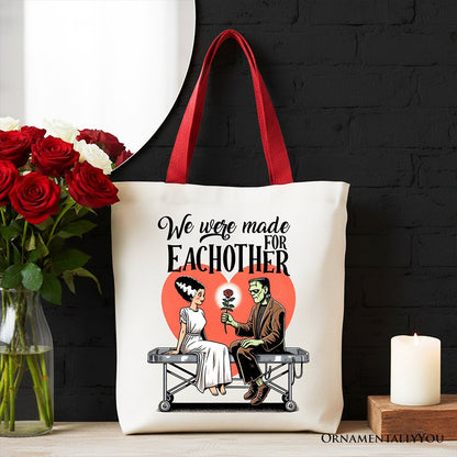 Romantic Frankenstein and Bride Canvas Tote Bag, We Were Made for Each Other Gift Bag for Spooky Couples