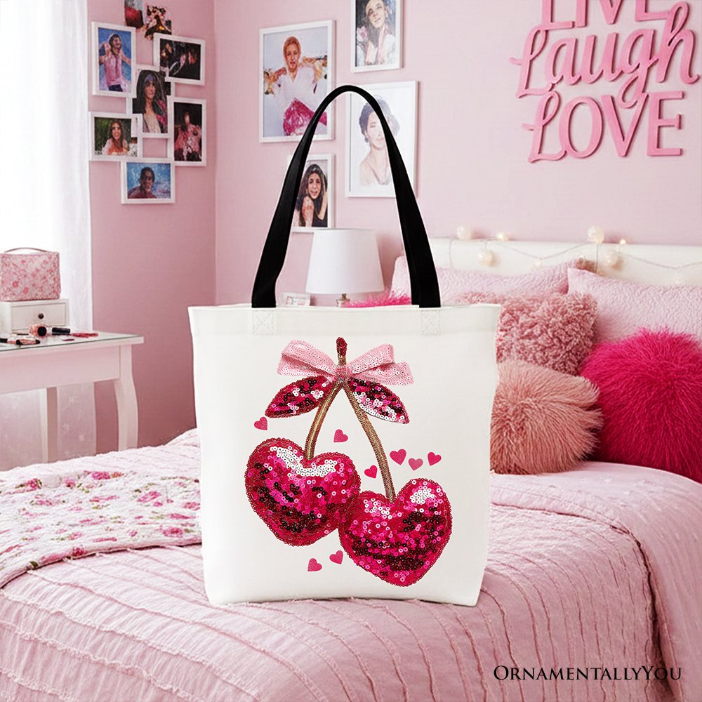 Sequin Pink Cherry Heart Canvas Tote Bag, Valentine Coquette Trendy Women Gift