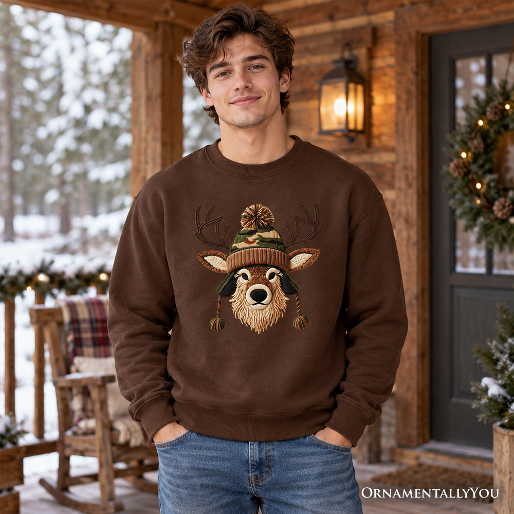 Deer Head Camo Hat Christmas Sweatshirt, Imitation Latch Hook Yarn Cozy Hunting Season Sweater