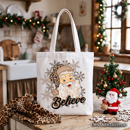 Believe Santa Cheetah Leopard Tote Bag, Retro Christmas Gift Shopper