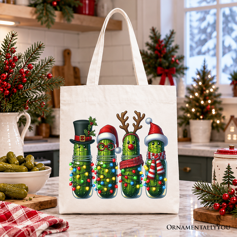 Christmas Pickles Tote Bag, Festive Holiday Cucumber Holiday Gift Shopper