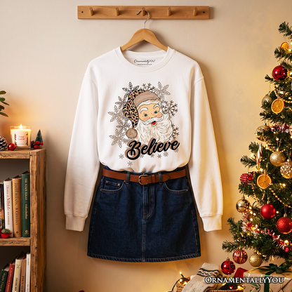 Believe Santa Cheetah Leopard Sweatshirt, Retro Christmas Sweater