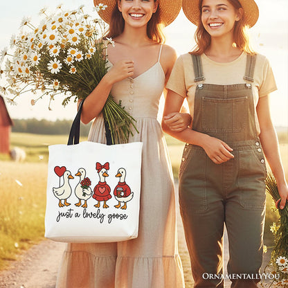 Just a Lovely Goose Valentine Canvas Tote Bag, Coquette Cute Love Printed Gift Bag