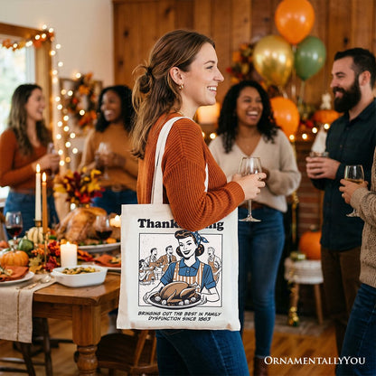 Thanksgiving Family Dysfunction Retro Tote Bag, Funny Holiday Humor Gift Shopper for Sarcastic Families