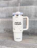 Elevated Faith Tumbler with Fruit of the Spirit design, perfect for Christian gifts and daily inspiration