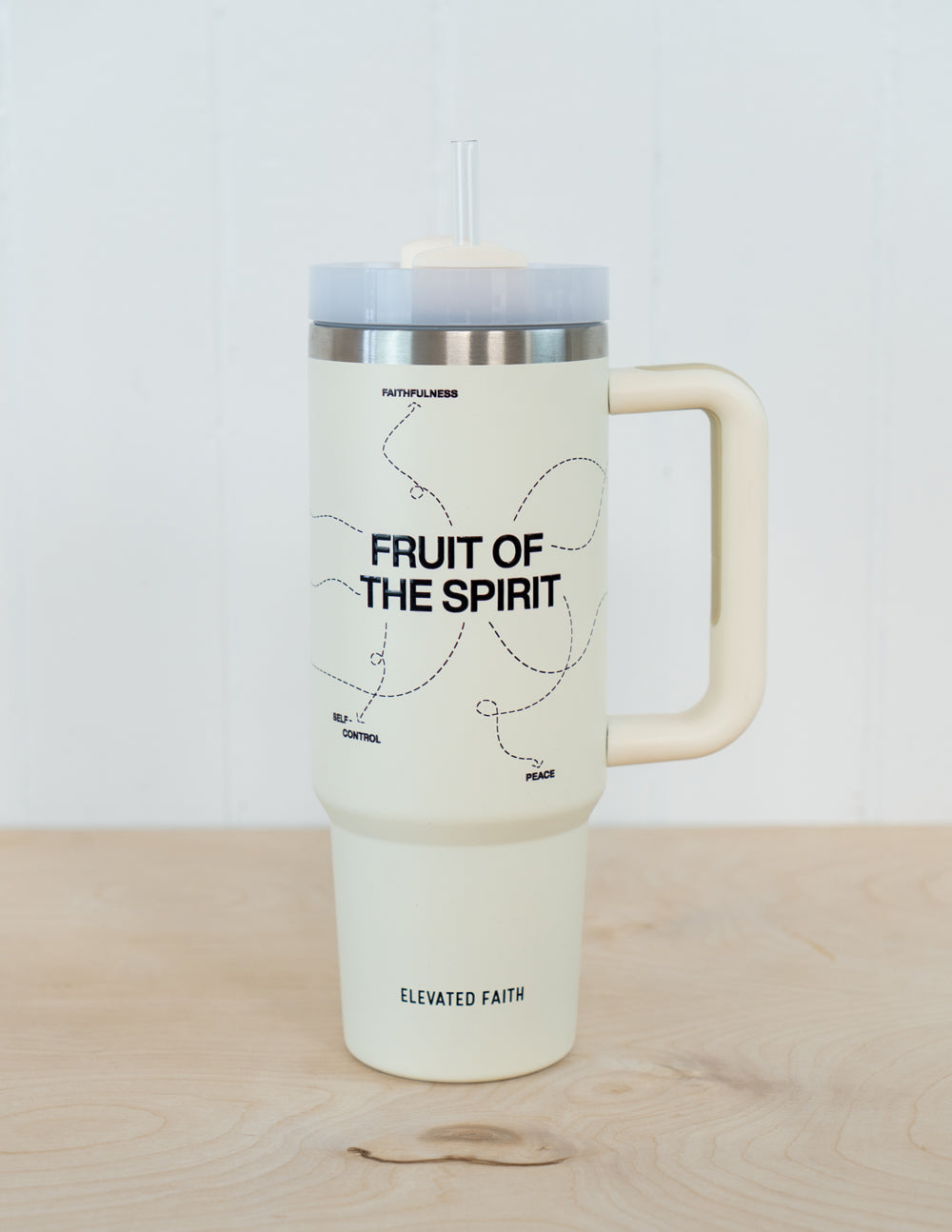 Elevated Faith Tumbler with 'Fruit of the Spirit' design, a unique Christian Gifts accessory