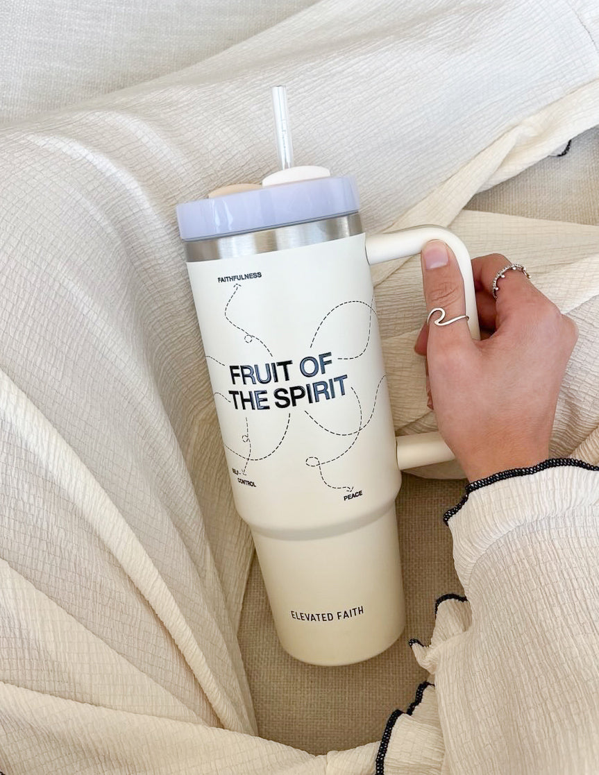 Elevated Faith Tumbler with Fruit of the Spirit design, a perfect Christian Gifts item for daily inspiration