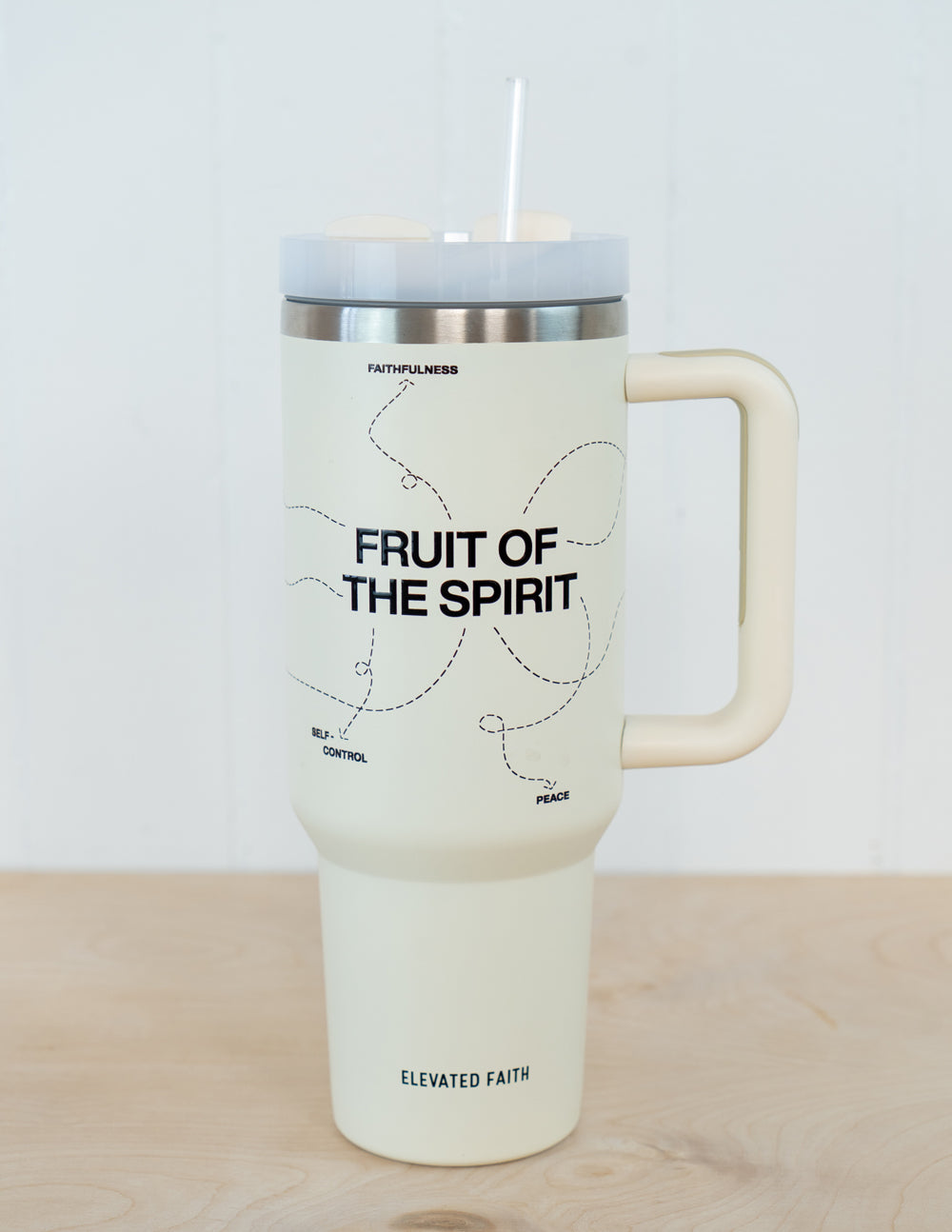 Elevated Faith Tumbler with Fruit of the Spirit design, perfect for Christian gifts and daily inspiration
