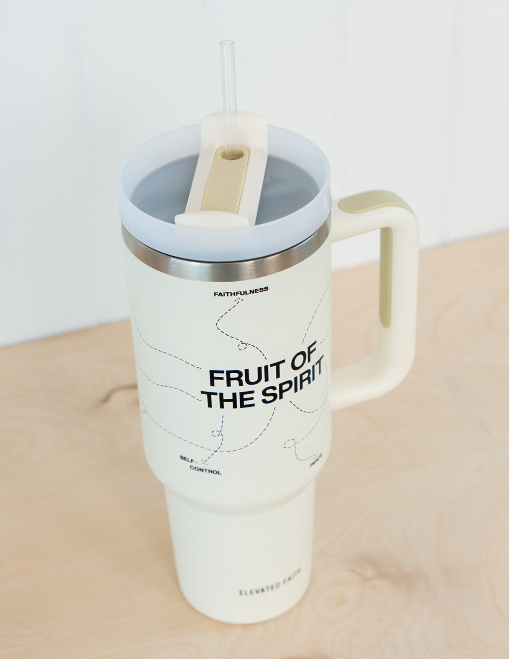 Elevated Faith Tumbler with 'Fruit of the Spirit' design, perfect for Christian gifts and daily hydration
