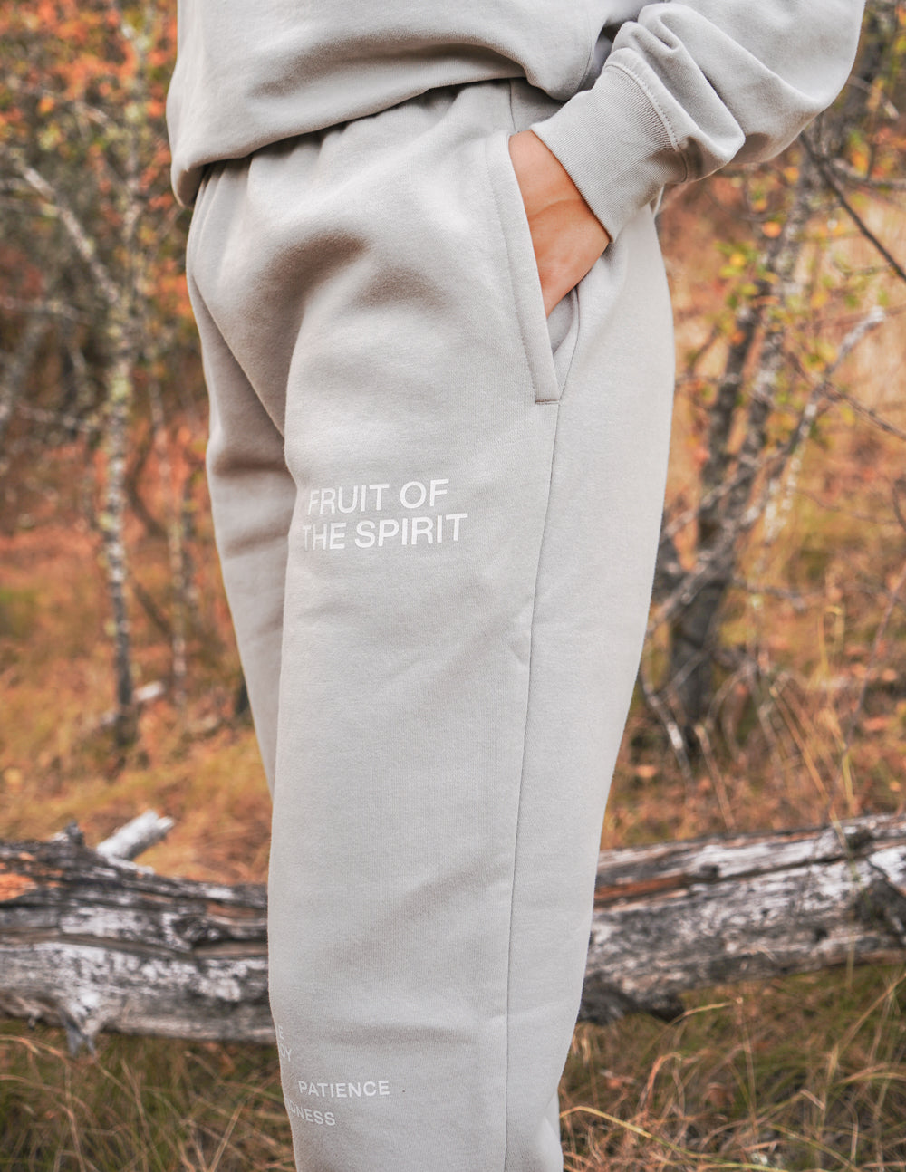 Elevated Faith Sweatpants in Light Grey featuring 'Fruit of the Spirit' text, ideal Christian Apparel
