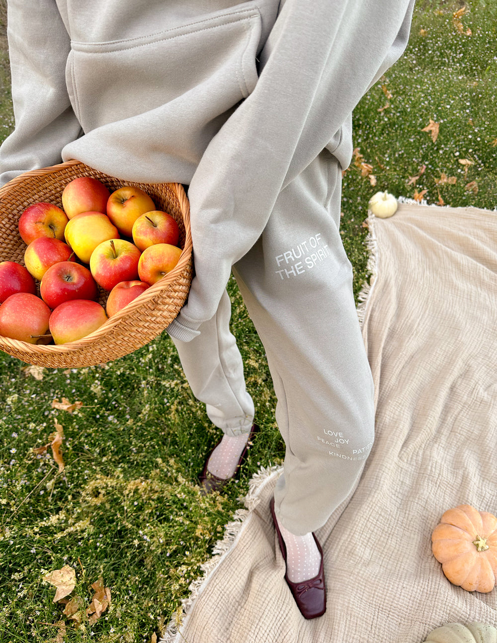 Elevated Faith Gray Sweatpants featuring 'Fruit of the Spirit' design, part of Christian Apparel collection