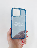 Christian iPhone Case with blue border displaying the Fruit of the Spirit text in a stylish design