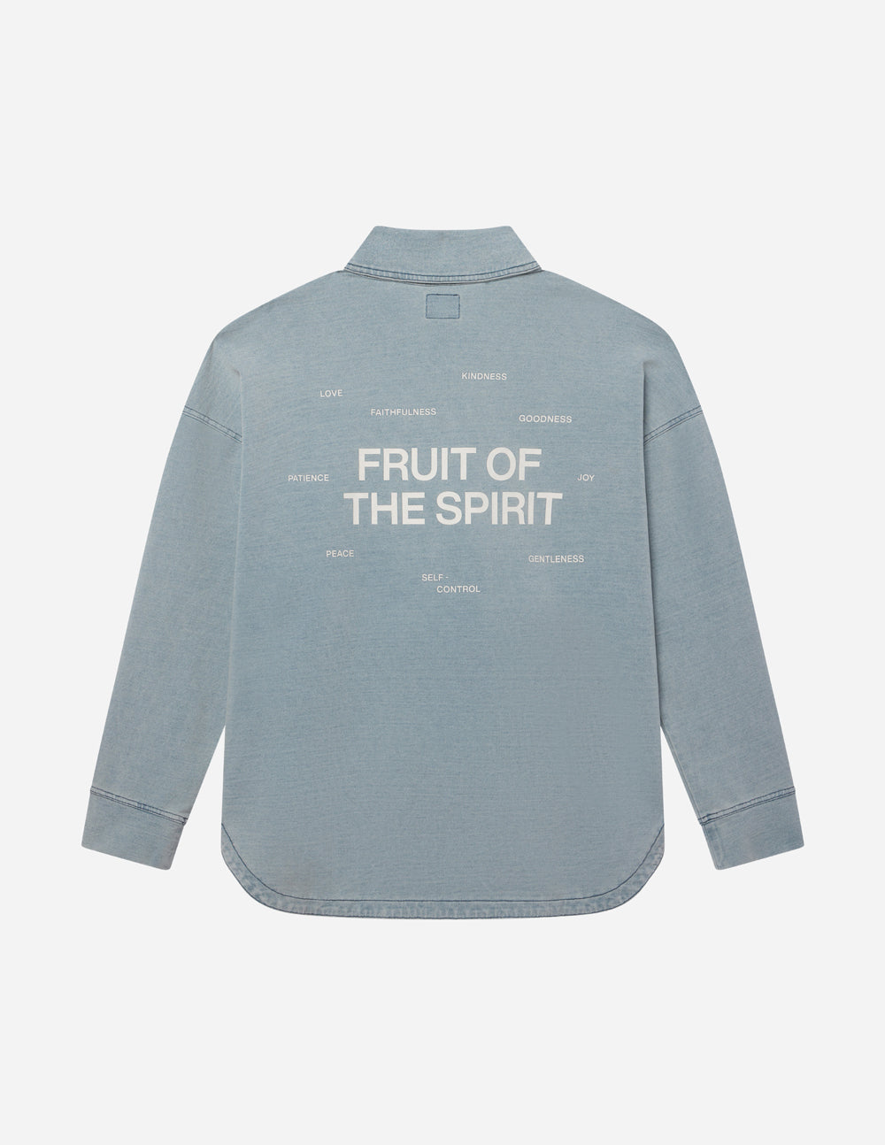Elevated Faith Christian Jacket in light blue with 'Fruit of the Spirit' print on the back