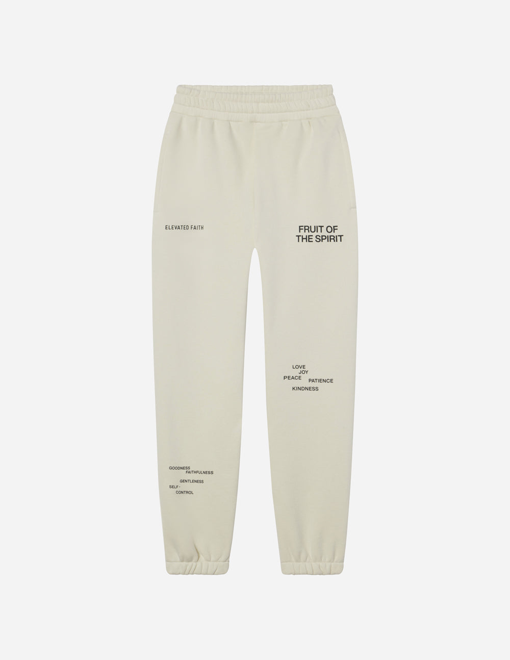 Elevated Faith sweatpants in cream featuring Christian Apparel message with Fruit of the Spirit print