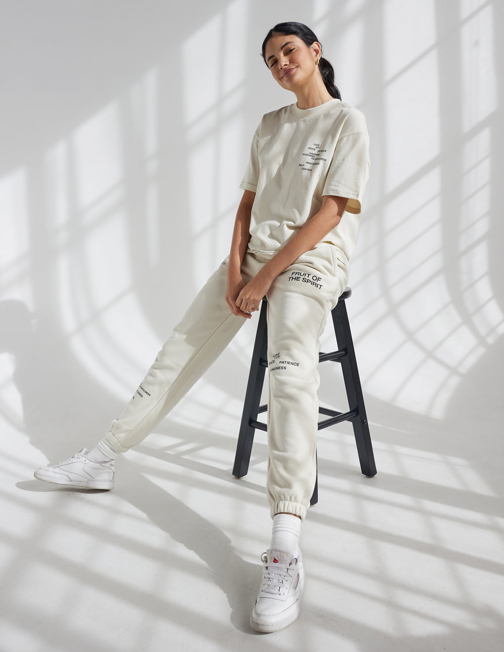 Elevated Faith sweatpants in cream with inspirational text for comfy Christian Apparel wear