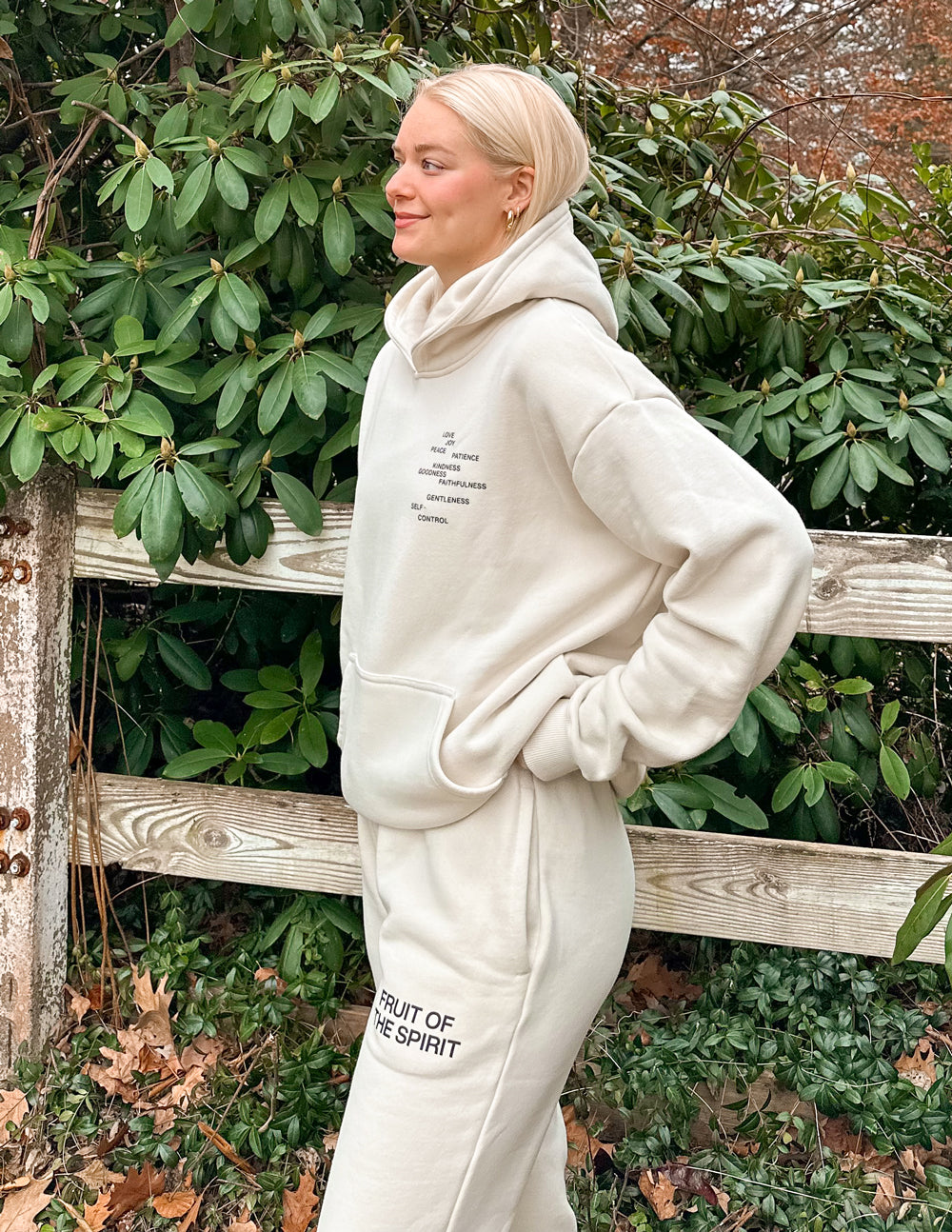 Elevated Faith Cream Sweatpants featuring 'Fruit of the Spirit' design in Christian Apparel