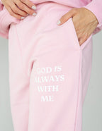 Elevated Faith Pink Sweatpants featuring 'God is Always With Me' for comfortable Christian Apparel