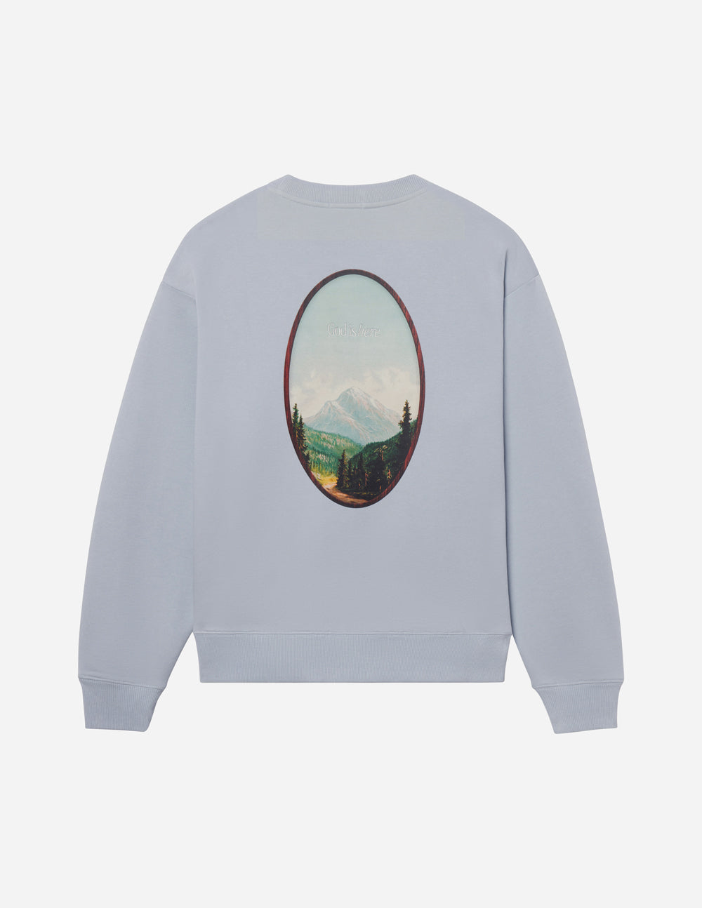 Elevated Faith Christian Crewneck Sweatshirt in light blue featuring a scenic mountain graphic on the back