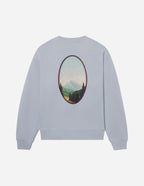 Elevated Faith Christian Crewneck Sweatshirt in light blue featuring a scenic mountain graphic on the back