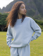 Light blue Christian Crewneck Sweatshirt with 'God is here' embroidered design for casual comfort