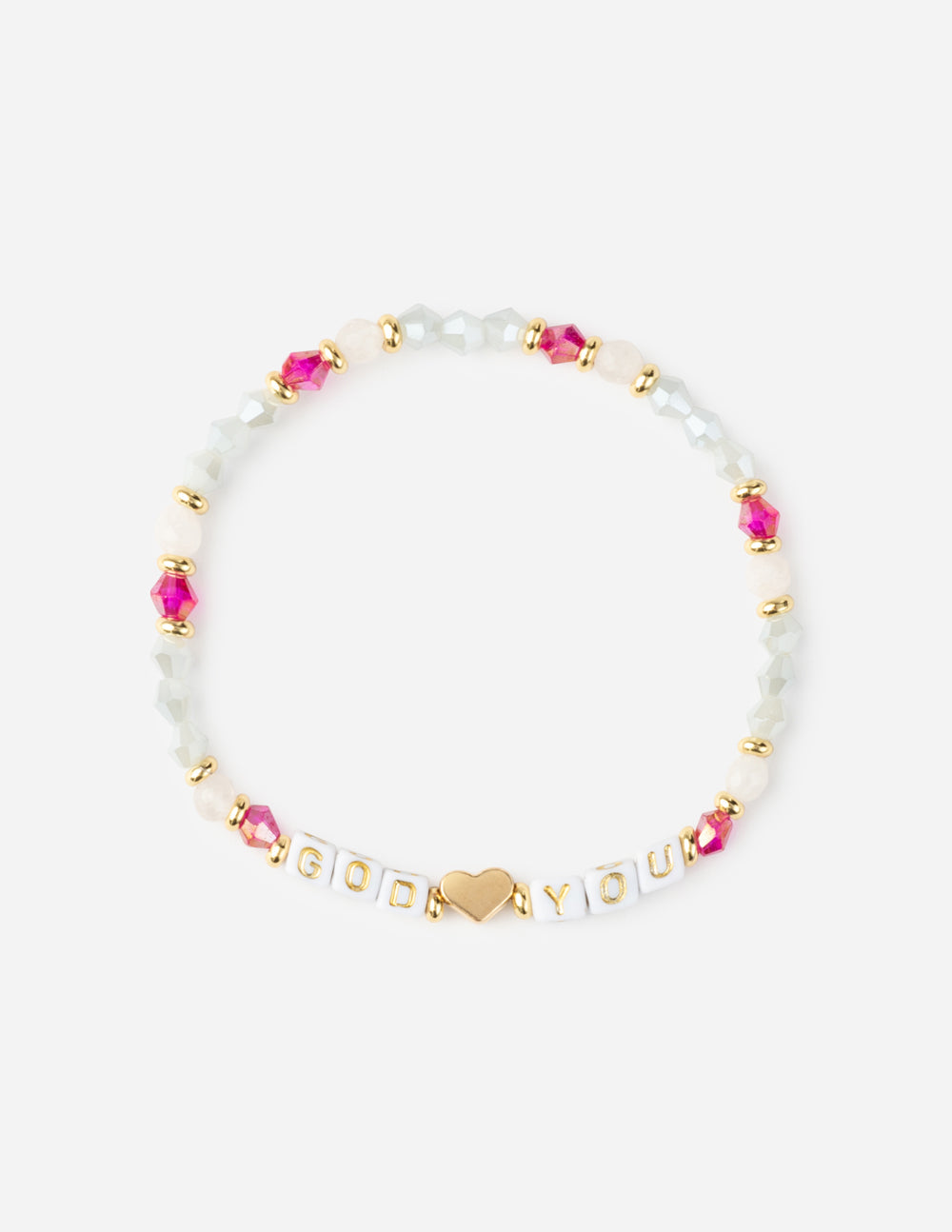 Elevated Faith Christian Jewelry Bracelet with colorful letter beads spelling 'God You' and heart charm