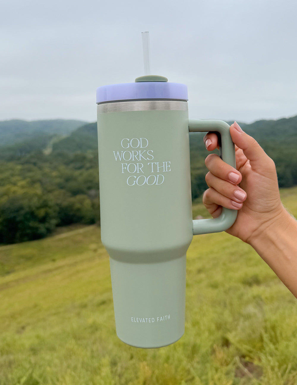 Elevated Faith Christian Gifts Tumbler in Green with Scripture 'God Works for the Good' and Built-in Straw