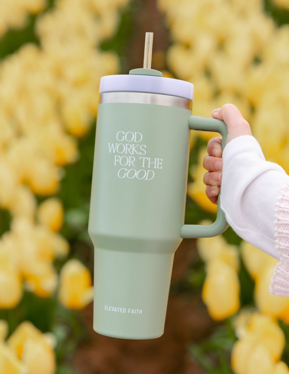 Elevated Faith Green Tumbler with God Works for the Good design, perfect for Christian Gifts