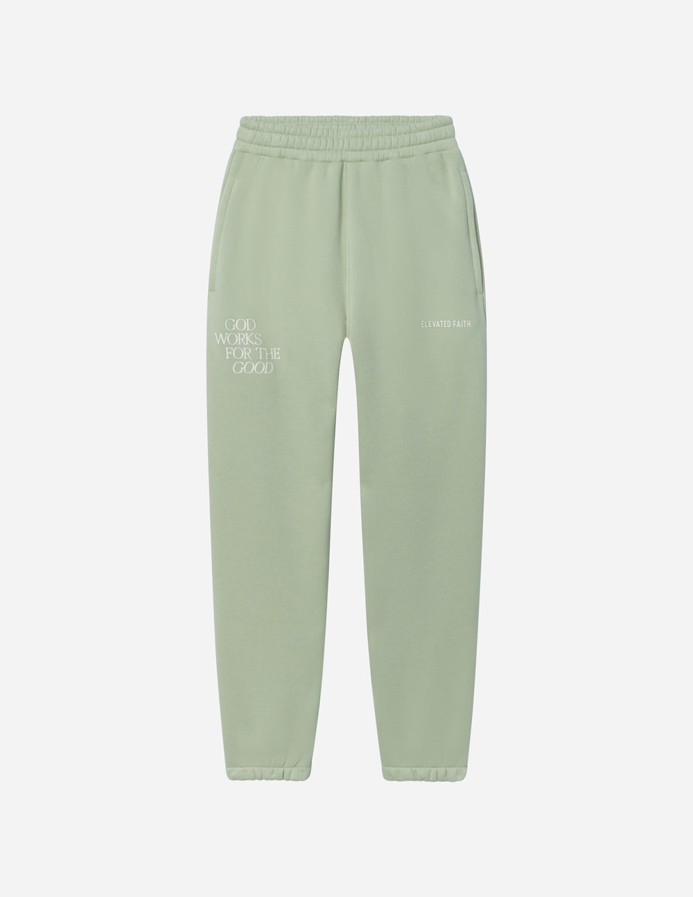 Elevated Faith sweatpants in light green with inspirational text, ideal for stylish Christian apparel