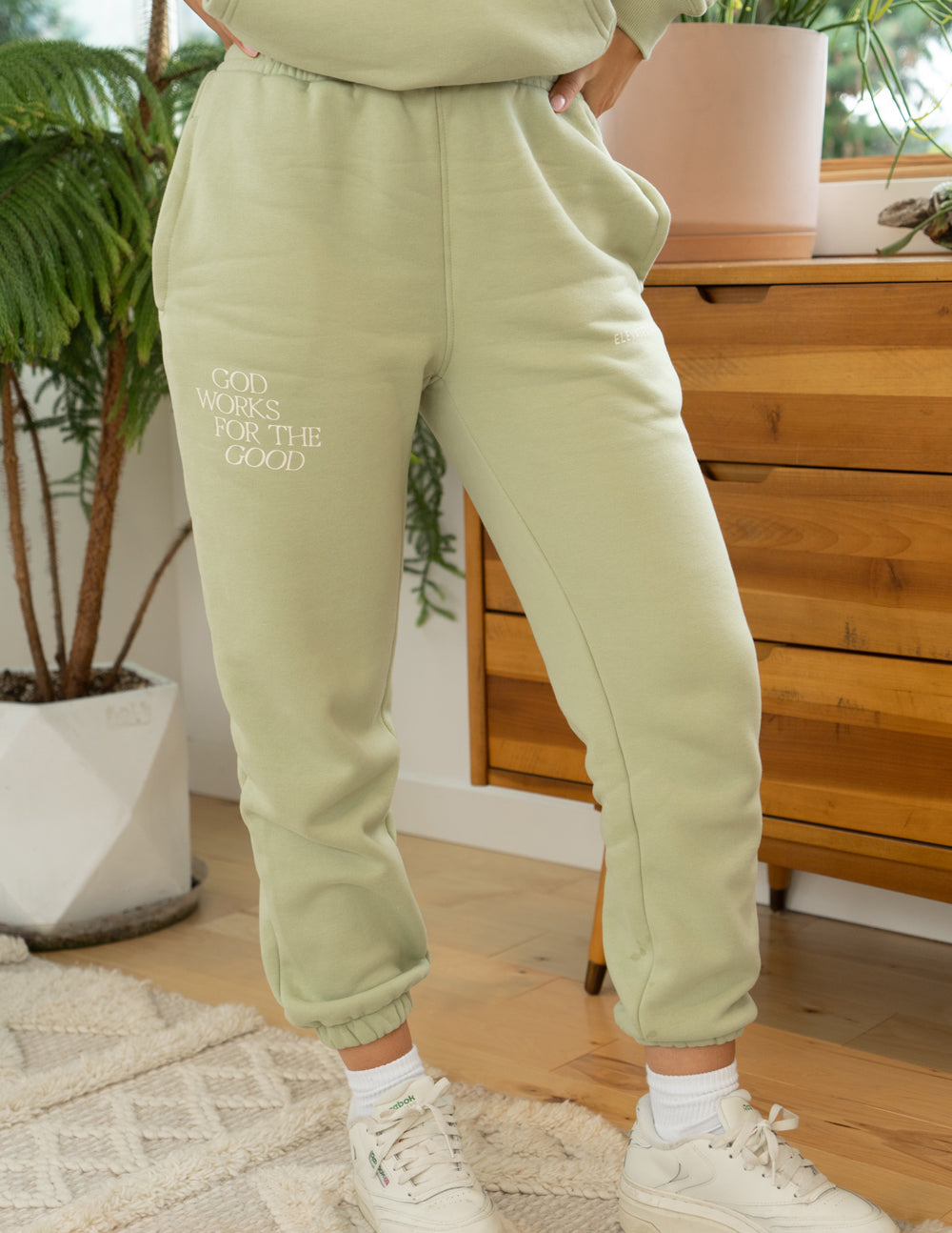 Elevated Faith Mint Green Sweatpants with 'God Works for the Good' Text, Perfect for Christian Apparel