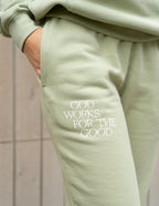 Elevated Faith Sweatpants in Light Green with 'God Works for the Good' Print - Christian Apparel