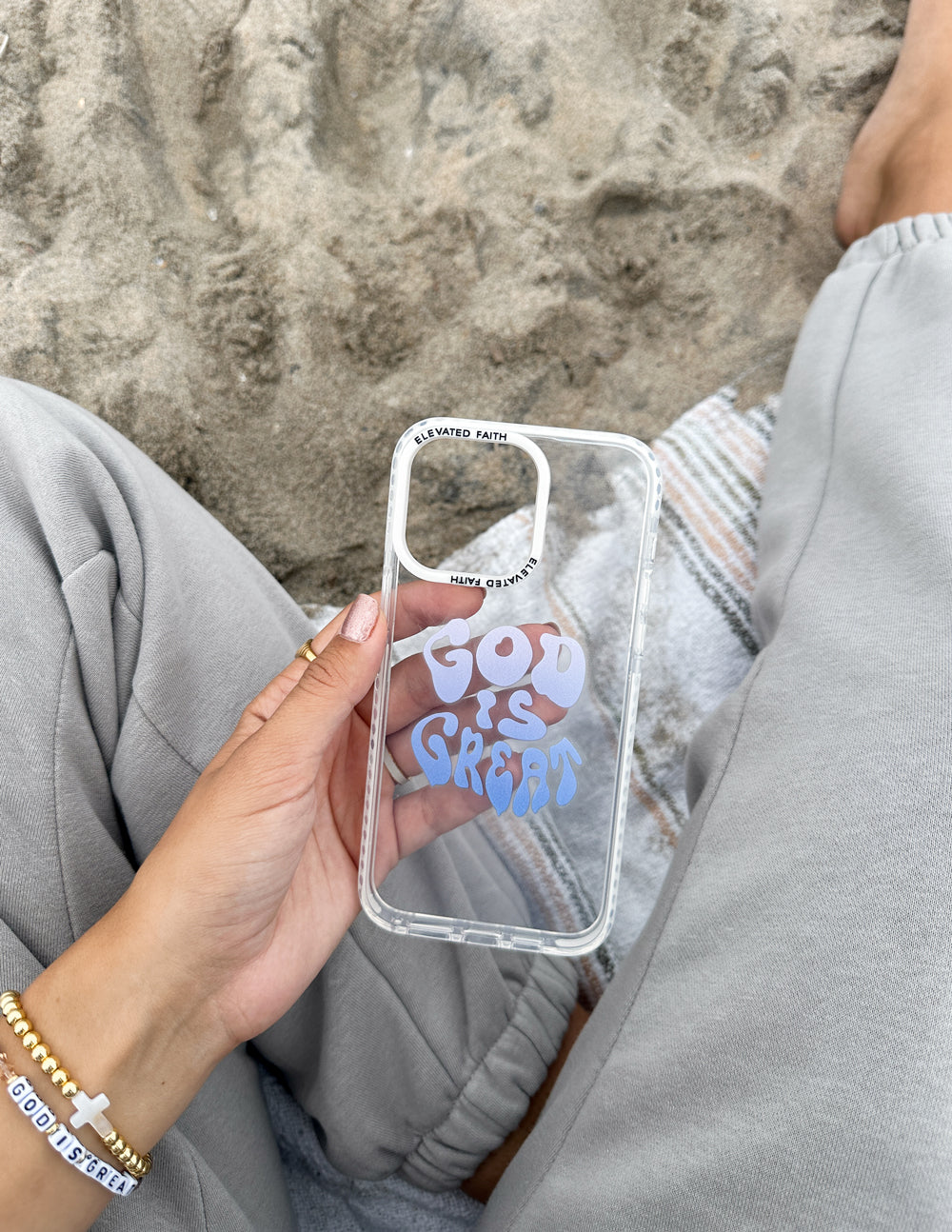 Clear Christian iPhone Case by Elevated Faith with 'God is Great' design, perfect for faith-inspired phone protection