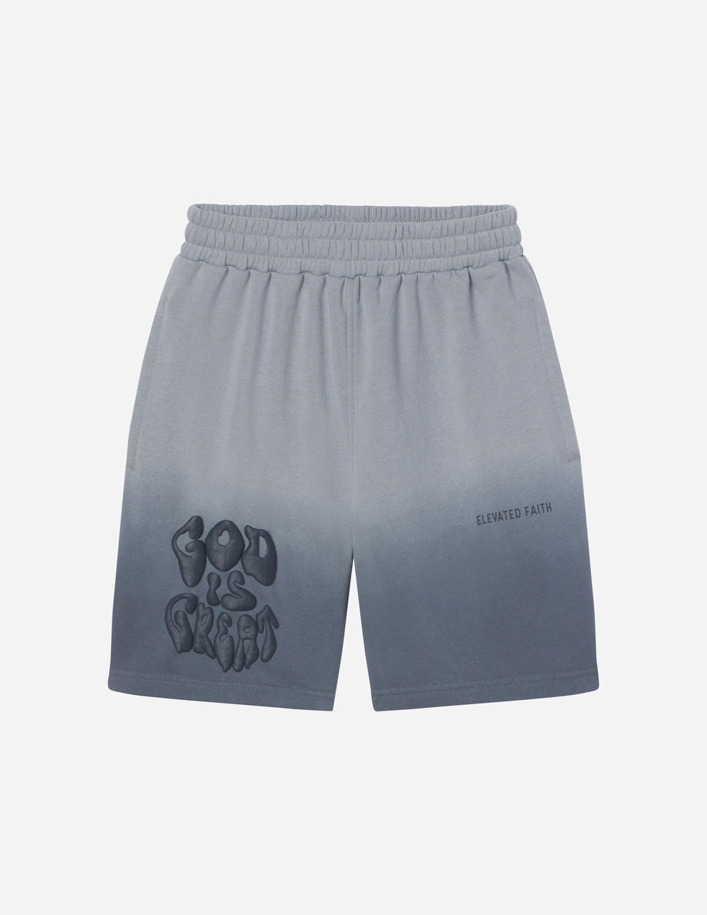 Elevated Faith Christian Shorts in Gradient Gray with 'God is Great' Printed Design