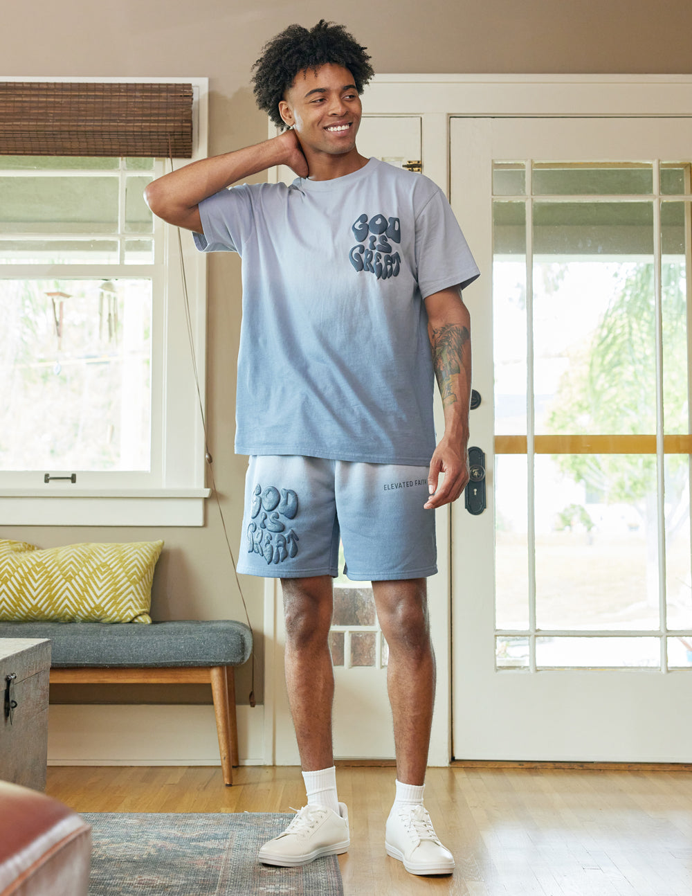 Elevated Faith Christian Shorts in Blue Gradient Design for Comfortable Casual Wear