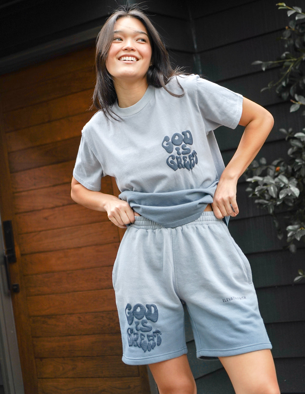 Elevated Faith Christian Shorts in Gray with God is Great Design for Comfortable Casual Wear