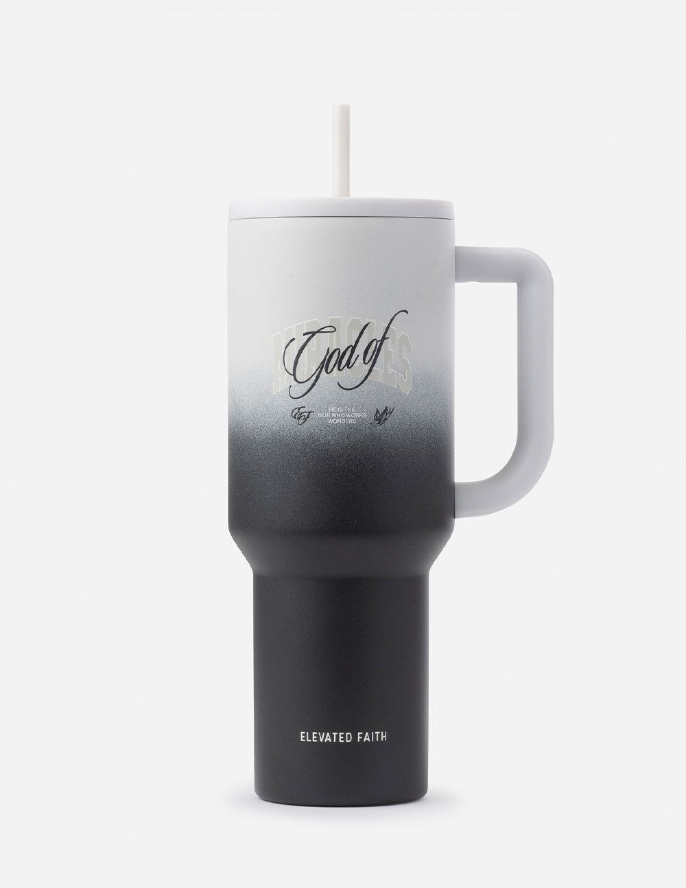 Elevated Faith God tumbler in gradient colors, ideal as Christian gifts for daily use