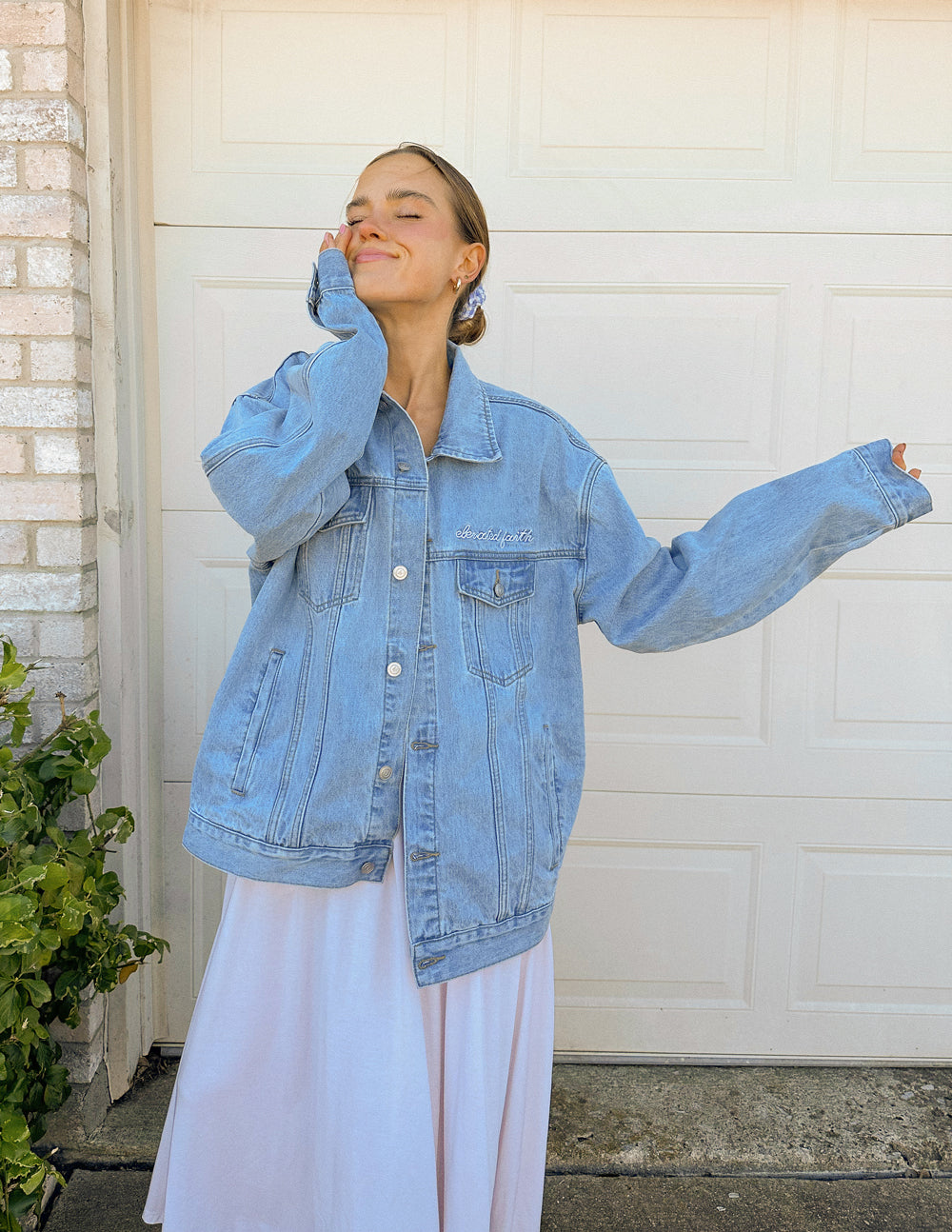 Light Blue Elevated Faith Christian Jacket with Oversized Fit and Button Closure