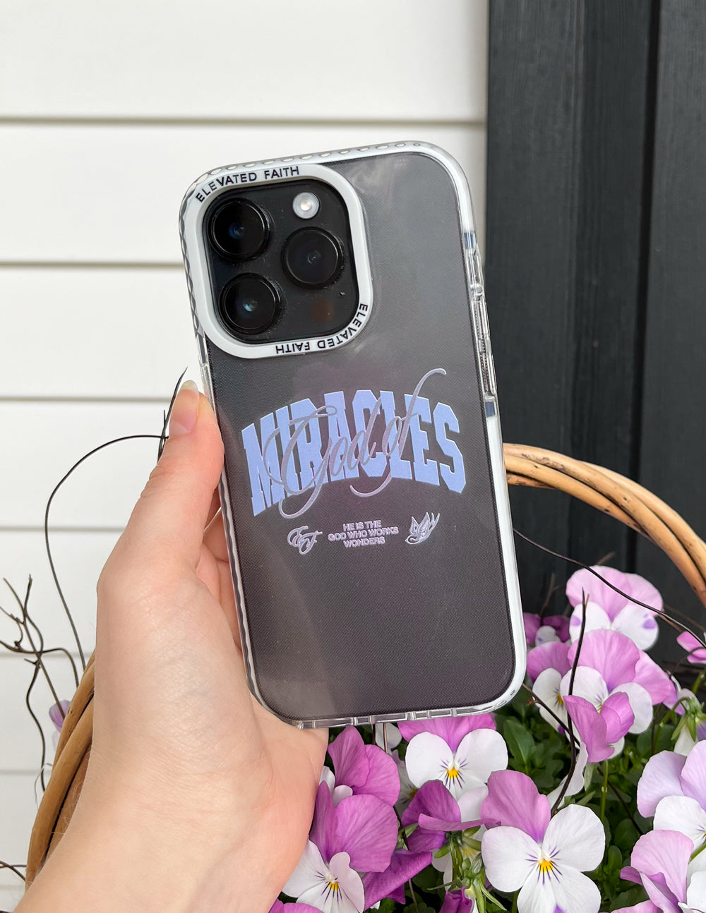 Elevated Faith Christian iPhone Case with Clear Design and Miracles Graphic on Black Background