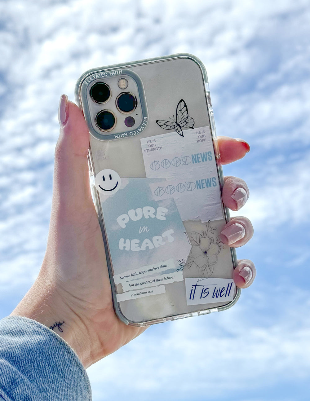 Elevated Faith Christian iPhone Case featuring inspirational design with smiley, butterfly, and text