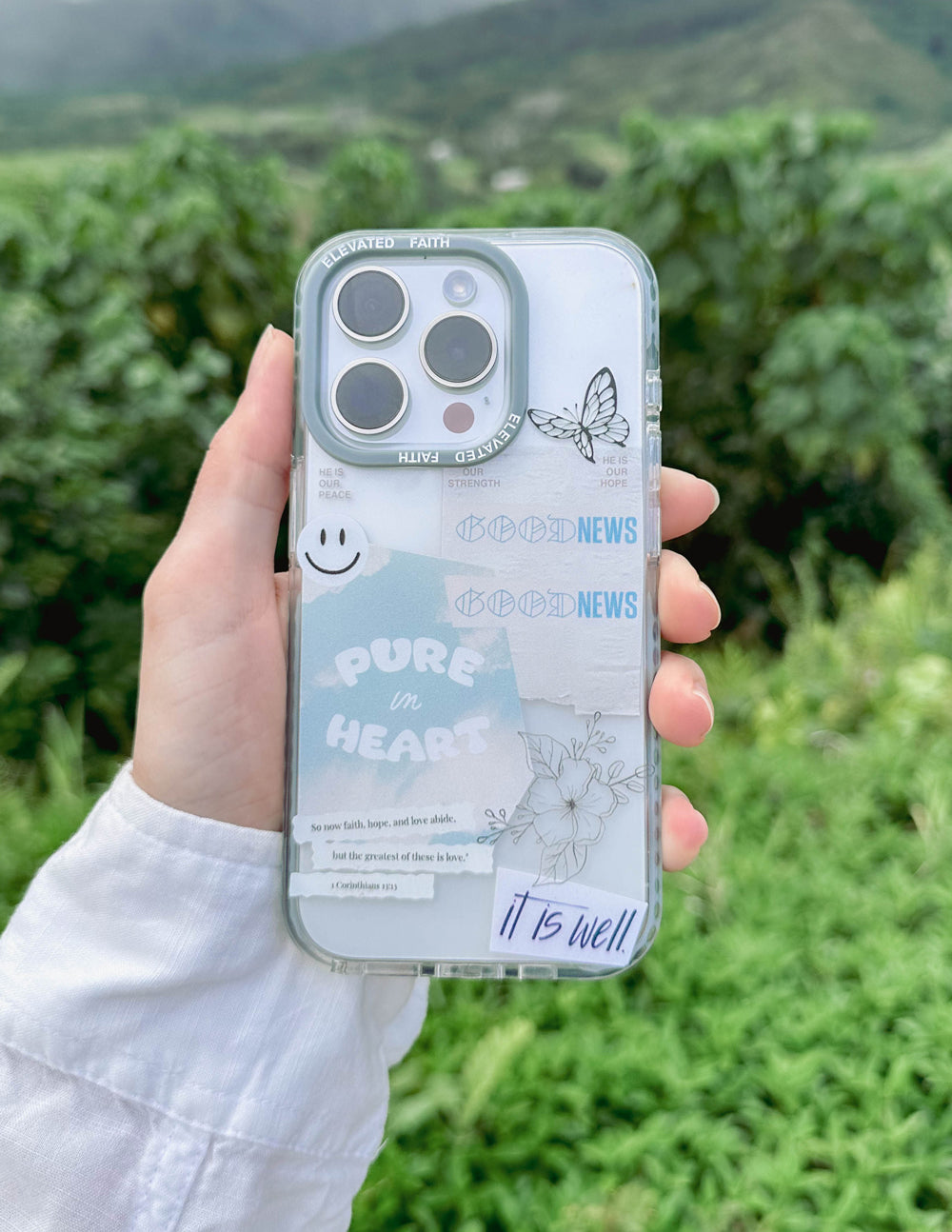 Elevated Faith Christian iPhone Case with positive messages and floral design on a clear background