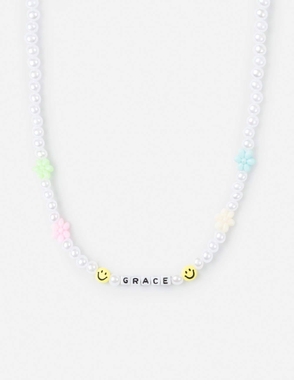 Elevated Faith Christian Jewelry Necklace with colorful flowers and letter beads spelling 'GRACE'