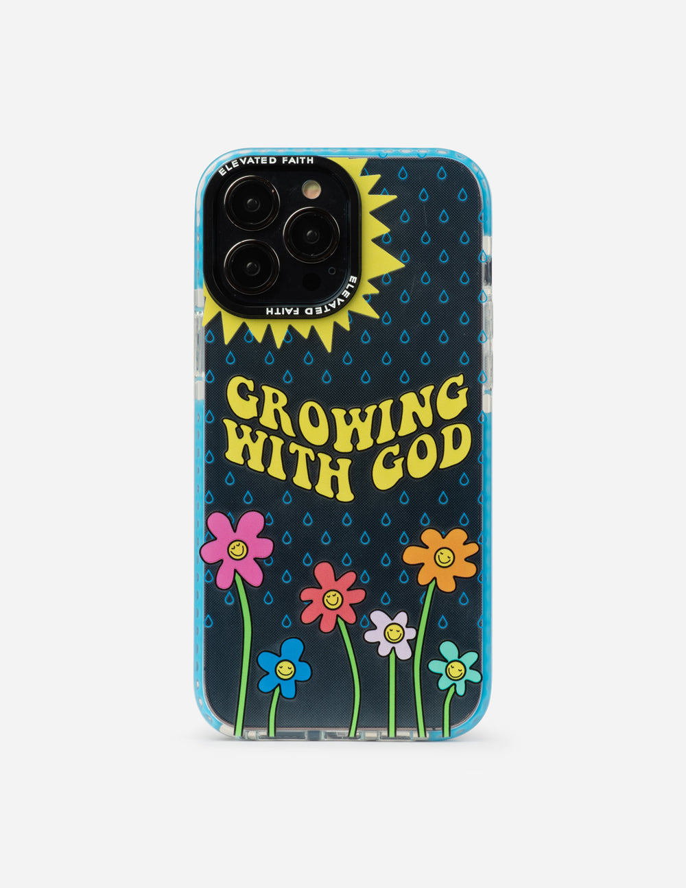 Elevated Faith Christian iPhone Case with a colorful flower design and 'Growing with God' message