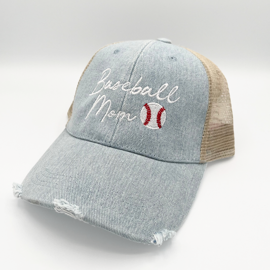 Baseball Mom Embroidered Hat in Denim